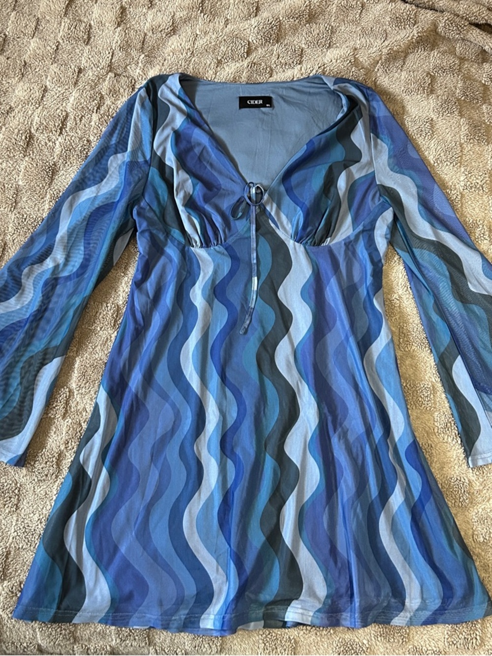 CIDER Blue Abstract Wave Print Mesh Mini Dress Bell Sleeve Size 1XL